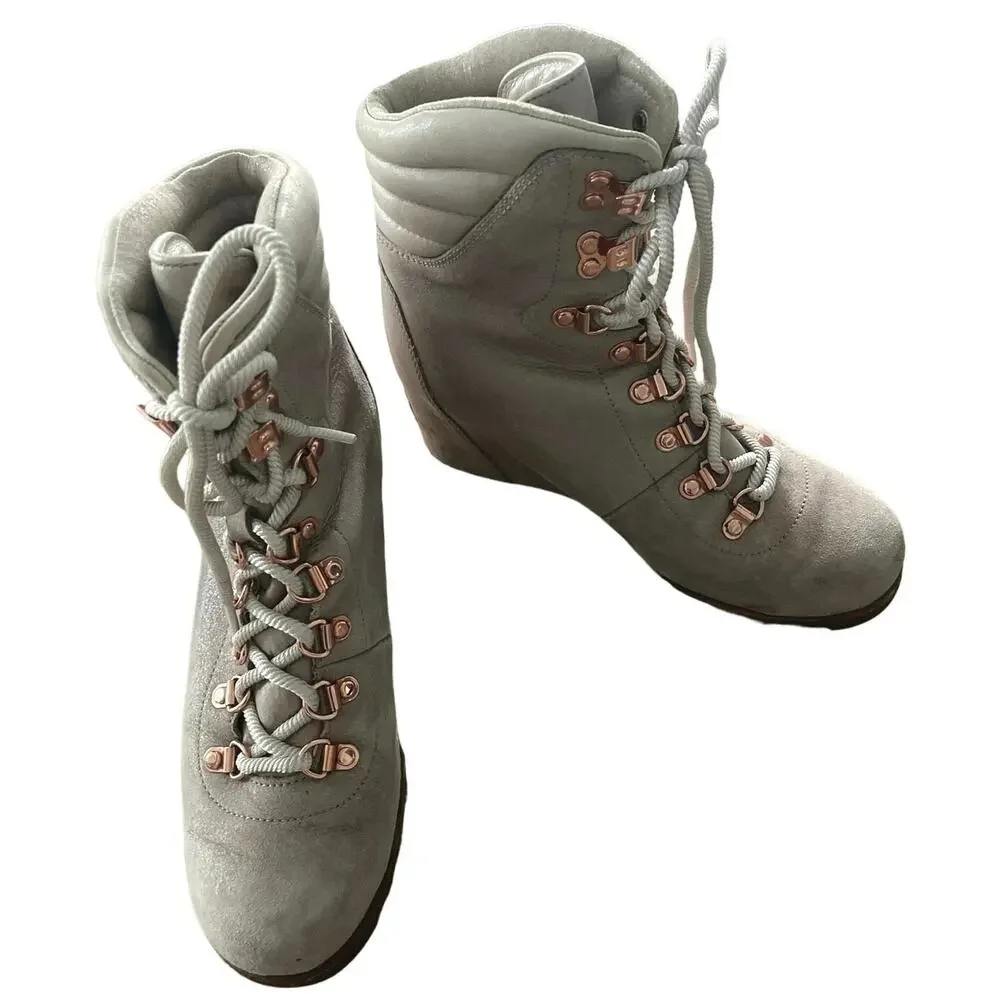 Sorel Womens Conquest Wedge Holiday Boots 9 Beach Fawn Leather Distressed